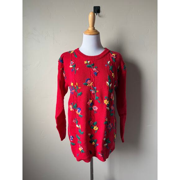 VTG Unique Marissa Christina Cottagecore Red Floral Embroidered Knit Sweater- M - Picture 8 of 10